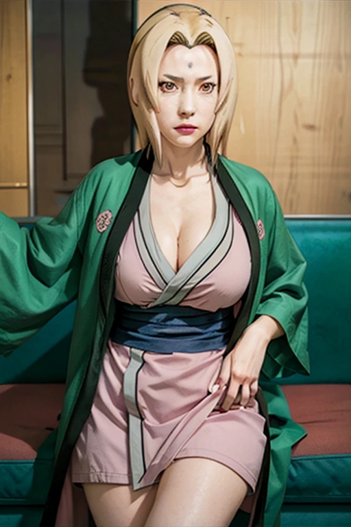 Personaje Tsunade del anime Naruto., con un kimono corto y sexy con las piernas abiertas mostrando sus hermosos pechos y su hermoso coño rosado.