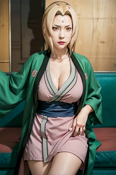 Tsunade character from the anime Naruto, in a short and sexy kimono with open legs showing her beautiful breasts and her beautif...