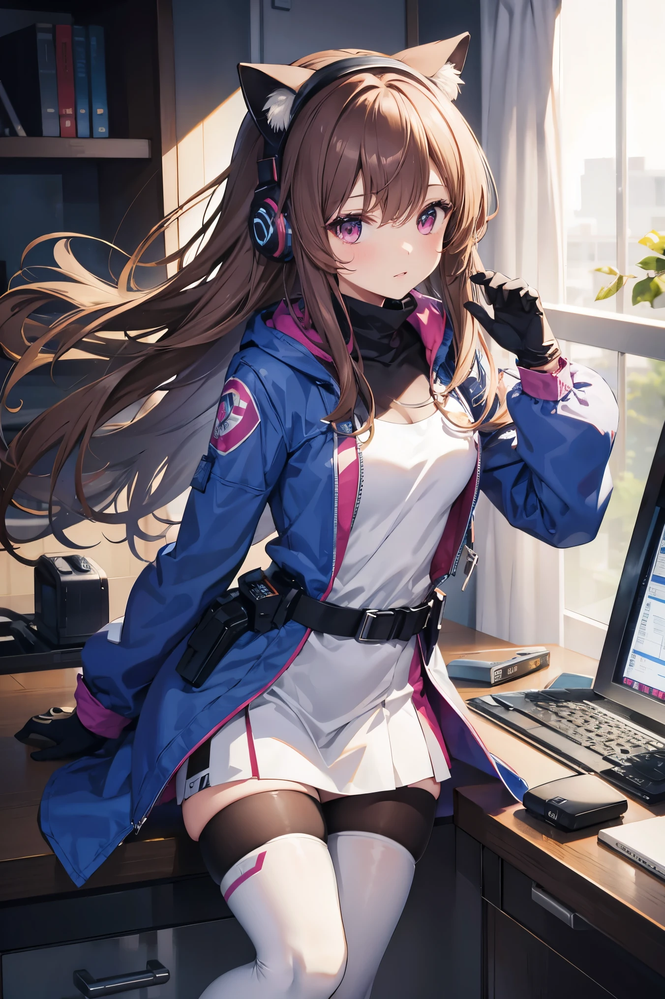 masterpiece, Highest quality, High resolution, One girl, Super High resolution, alone, Mecha Pilot, d.and, Headphones, Pink Eyes, Blue tights, Brown Hair, White gloves, Cat face decoration,