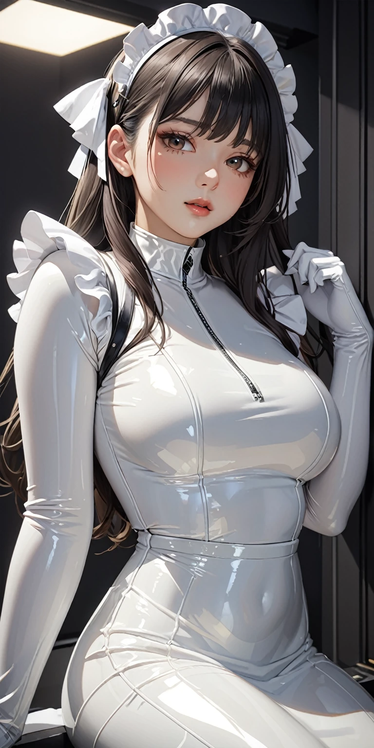 Portraiture、(masterpiece,Highest quality,Ultra-high resolution),Japanese women, (((Very beautiful 25 year old girl))),(White latex maid outfit)、((White latex long skirt))、(A long-sleeved latex shirt that covers the upper body)、White latex gloves、White latex socks、White Latex Bodysuit、Frills、The clothes fit snugly to the body、Latex is very shiny、Dark Room、