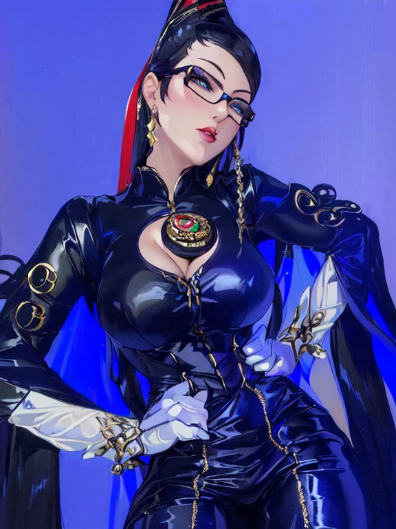 (masterpiece, best quality:1.2), intricate details,  bayonetta1, 1girl, bodysuit, bright blue eyes, cleavage cutout, white elbow gloves, makeup, jewelry, lipstick, hair ribbon, glasses, (mature female:1.2), very long hair, hands on hips, smug look on face