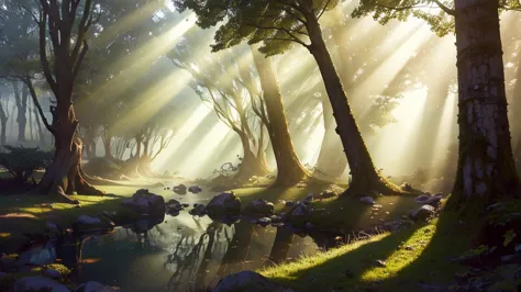 un bosque con arboles gigates, mucha vegetacion, neblina, luciernagas, lluvia, charcos de agua, ray tracing, god rays, glowing l...