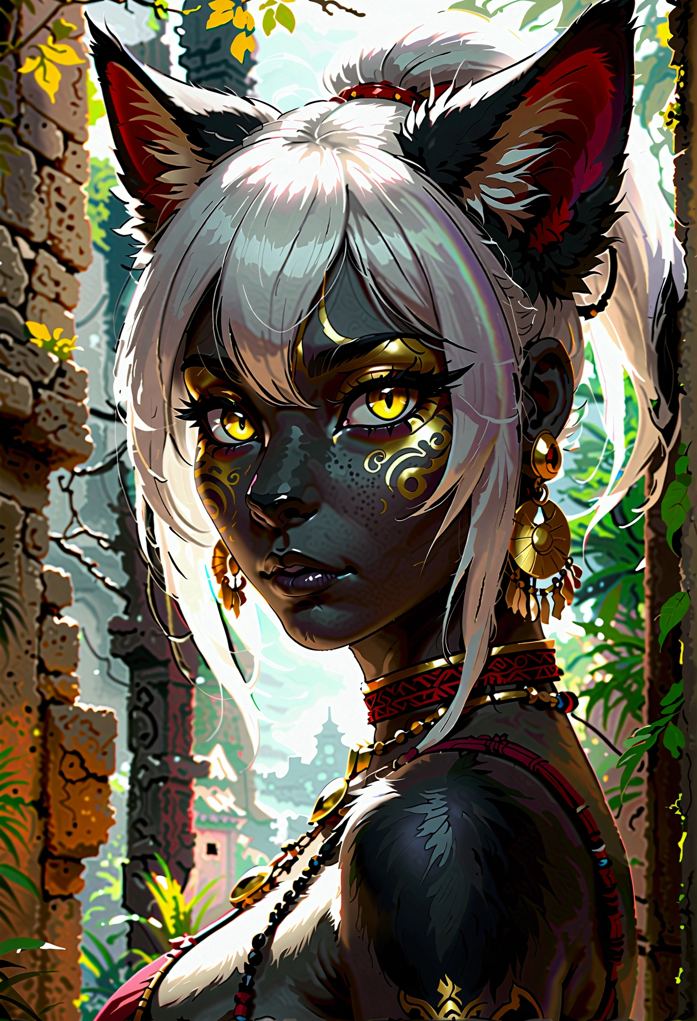 ((Best Quality, Masterpiece, perfect anatomy, detailed picture)), furry, 1 woman, pantera, two tone skin, black body, gray fur, sexy, long white hair, ponytail hair, fluffy feline tail, yellow sclera, tribal tattoo, earrings, red blush, shy, in the ruins, portrait, illustration, gold necklace add_detail:1 ,gold bracelet add_detail:1, navel piercing, Its silhouette has double exposure and you can observe the universe.._detail:1