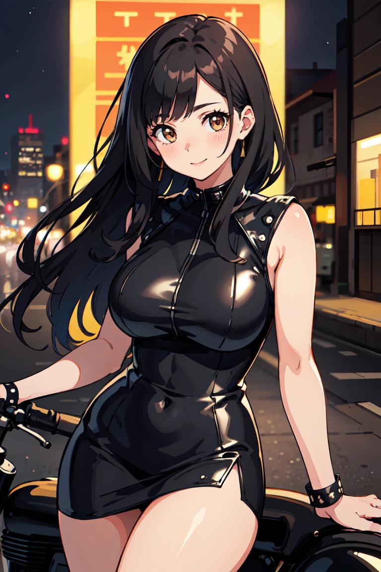 masterpiece, best quality, highly detailed background, perfect lighting, best quality, (extremely detailed face), volumetric lighting, intricate details, shadow, tonemapping, sharp focus, hyper detailed, trending on Artstation, (solo) ((Looking at the viewer)), ((city night background)) .Girl with long black  hair. Brown eyes. curvy. Blush, Clear skin.  Big bust. Smile. ((leather dress)) ((motorcycle)) dynamic angle 