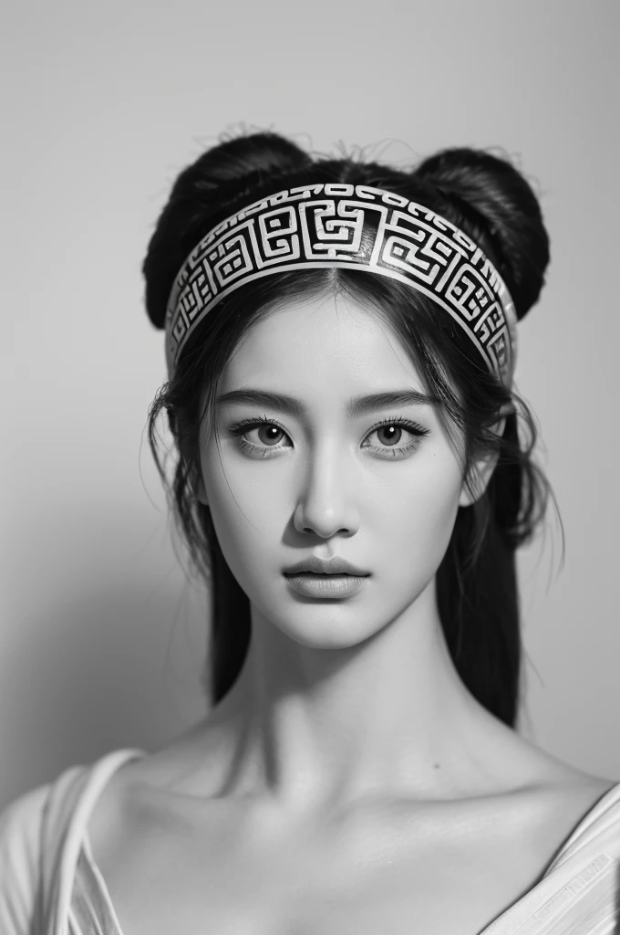 (Beautiful Woman head portrait）, Inspired by the famous statue of David，an Chinese ink painting style, black and white coloring，Woman，Greek high nose