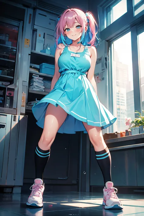 one girl, blush, chest, dress see who sees it, thigh high socks, panties,cyan dress, shoes, cyberpunk hair, , smile, sneakers, a...