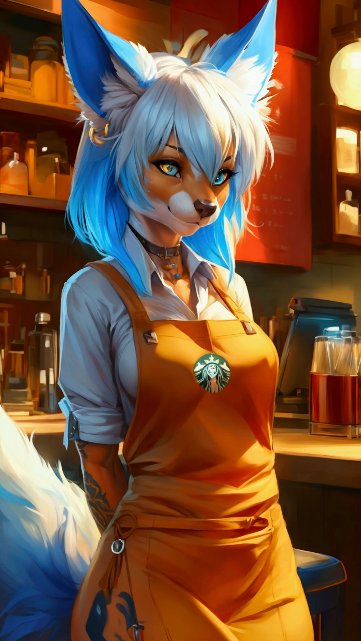 (anthro)) vixen/fox, Ross Tran, by ruan jia, by zaush, by foxovh, by cutesexyrobutts, by cervina_7, by sligarthetiger, Best Quality, masterpiece,, Illustration, Wallpaper,1girl in, Solo, orange fur, white hair, mohawk on one side, ,mohawk haircut, the end tips of hair are aqua blue, dot piercings 3 in 2 row down her snoot, multipule golden ear piercings , golden yellow eyes, glowing eyes, Beautiful detailed girl, extremely detailed eye and face, black dragon tattoo on her arm, tattoos, Beautiful detailed eyes, natural_Lighting, Looking at Viewer, Thick_thighs, big ass, tall, hourglass figure, female, cute, Starbuck, casher, barista, Starbucks apron, large breasts, natural breasts, tail, tall, happy expresion, wide hips thin waist, 8k