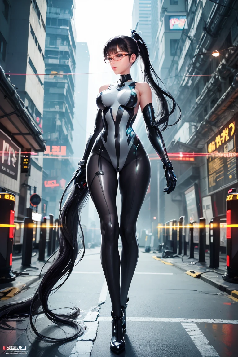 extremely sexy robot woman, futuristic, cyberpunk, Neon particles for the screen, Full body, Curved body, complicated 8k in dystopian environment, parade, white latex body suit,  very long smooth silken black hair, the hair is styled in a (very long strict tight ponytail), sexy nerdy glasses