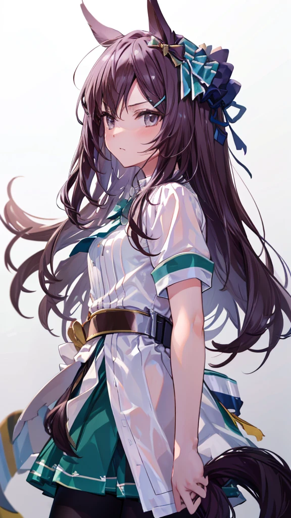 masterpiece, best quality, highres, ccsuzuka, long hair, animal ears, ear covers, white hairband, horse tail, white shirt, green ribbon, short sleeves, blue skirt, black pantyhose,(vaginal,sex1.5)