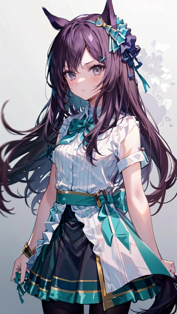 masterpiece, best quality, highres, ccsuzuka, long hair, animal ears, ear covers, white hairband, horse tail, white shirt, green ribbon, short sleeves, blue skirt, black pantyhose,(vaginal,sex1.5)