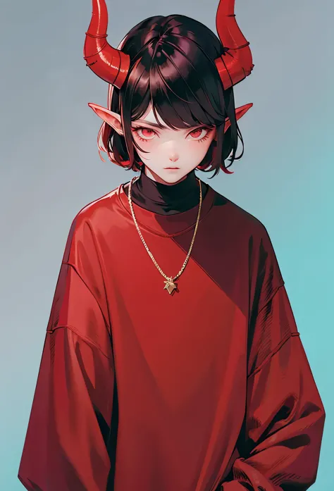 alone 1boy, masculino, s0fth0rns, red clothes , short black hair , with 2 horns in the head