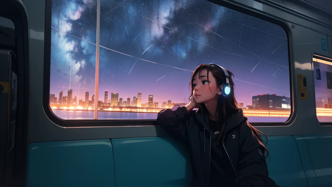 train,  sit by the window,  take a pensive posture, look at the stars, head stuck in glass, put on headphones, Scenery passing by at high speed, night trip, beautiful starry sky, Beautiful girl, UHD portrait, (high quality) (ultra detail) Observation of viewers wearing hip-hop style street clothes; different, colorful, colored long hair 🌈