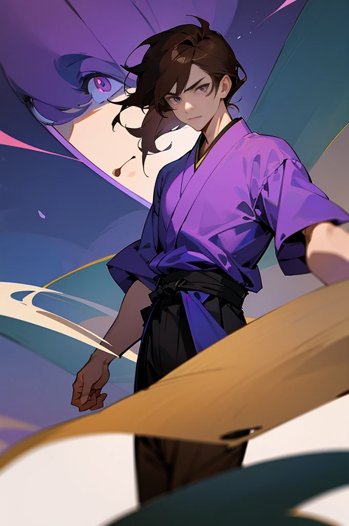 Develop a Japanese-style drawing, characterized by characteristic feature and visual simplicity. The drawing depicts a young male, that exudes confidence and leadership. He is wearing a purple shirt and has purple pupils, with brown hair. Use shading to add depth and texture to the scene, emphasizing the emotional gravity of the moment. The background should be simple, highlighting the character in the center of the composition. Make sure you capture the essence of the character&#39;s dominant and charismatic personality through pose and facial expression..