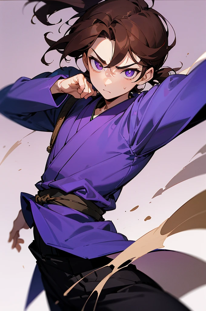 Develop a Japanese-style drawing, characterized by characteristic feature and visual simplicity. The drawing depicts a young male, that exudes confidence and leadership. He is wearing a purple shirt and has purple pupils, with brown hair. Use shading to add depth and texture to the scene, emphasizing the emotional gravity of the moment. The background should be simple, highlighting the character in the center of the composition. Make sure you capture the essence of the character&#39;s dominant and charismatic personality through pose and facial expression..