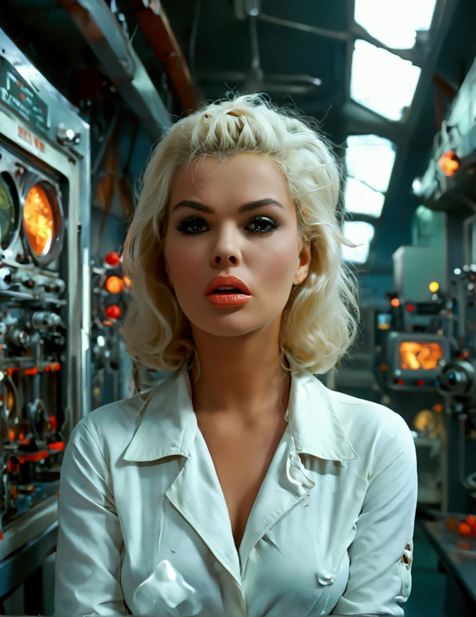 jayne mansfield (age 25, young and vibrant, sexy sci fi scientist), damsel in distress, recoiling from a terrible monster. scien...