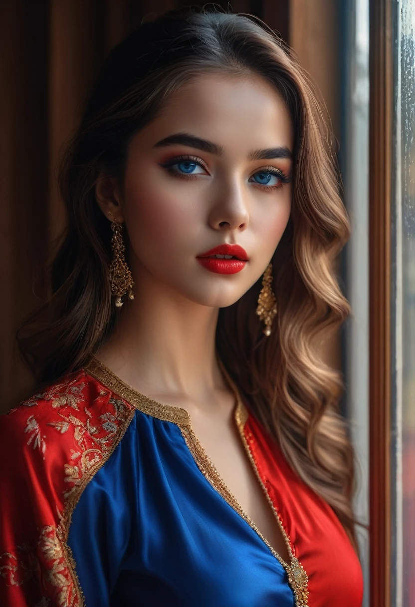 (highest quality, 4k, 8K, High resolution, masterpiece: 1.2), (Super detailed, realistic, realistic:1.37)Seductive young girl, Wearing a striking red and blue ensemble, Stand in front of the window with toughness and determination. Her mesmerizing eyes are exquisitely crafted, Capture every sparkle and depth, her lips、It boasts a detailed beauty that is captivating and enchanting.。. The level of detail is across the entire face, Each contour and feature is perfectly and meticulously rendered., Create a sense of hyperrealism that draws viewers in. 

girls&#39; clothes, It is a work of art in itself. material, Adds a touch of dynamism to her overall look. It truly reflects the artist&#39;s talent, show off your skill (lifelike, high quality: 1.3), best quality masterpiece, photorealistic, hyperrealistic, highres, high resolution, detailed, 8k, HDR, (Soft color: 1.2), shallow depth of field, broad light, high contrast, backlighting, bloom, good lighting quality, light sparkles, chromatic aberration, sharp focus, RAW color photo, fine skin, ((detailed facial features)), complex: 1.2, (finely detailed skin, realistic skin texture, extreme skin details, (pores:0.1), perfect cinematic shoot of a beautiful woman (EP3l30n0r4B01:.99), bronzer, perfect platinum blonde hair, wearing sexy (turtleneck with (Modesty Panel:1.3):1.2), (detailed background:1.1), (face focus), modelshoot style, (extremely detailed CG unity 8k wallpaper), professional majestic (photography by Roberto Ferri:1.1), 24mm, exposure blend, hdr, extremely intricate, High (Detail:1.1), dramatic, soft cinematic light, (looking at viewer), (beautiful scenery),8k, highly detailed, rich environment, 4k textures, soft cinematic light, elegant, ((((cinematic look)))), soothing tones, insane details, hyperdetailed, ("Dreams into reality with SDKoh!":1.1), (epiCPhoto), ((full sensual lips like Amanda Seyfried: 0.2)), sexy, bright sky blue eyes, ((alluring, fierce, small cat eyes)), ((thin straight eyebrows: 0.2)),