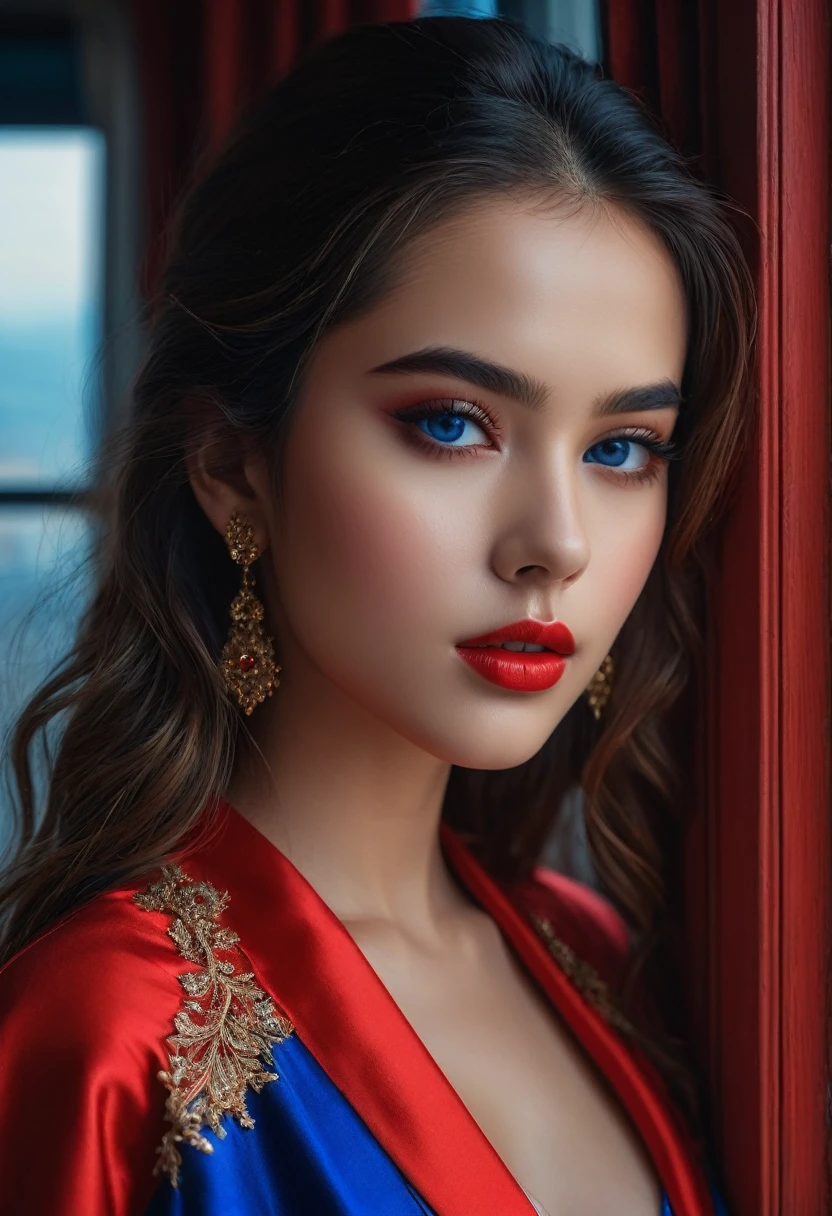 (highest quality, 4k, 8K, High resolution, masterpiece: 1.2), (Super detailed, realistic, realistic:1.37)Seductive young girl, Wearing a striking red and blue ensemble, Stand in front of the window with toughness and determination. Her mesmerizing eyes are exquisitely crafted, Capture every sparkle and depth, her lips、It boasts a detailed beauty that is captivating and enchanting.。. The level of detail is across the entire face, Each contour and feature is perfectly and meticulously rendered., Create a sense of hyperrealism that draws viewers in. 

girls&#39; clothes, It is a work of art in itself. material, Adds a touch of dynamism to her overall look. It truly reflects the artist&#39;s talent, show off your skill (lifelike, high quality: 1.3), best quality masterpiece, photorealistic, hyperrealistic, highres, high resolution, detailed, 8k, HDR, (Soft color: 1.2), shallow depth of field, broad light, high contrast, backlighting, bloom, good lighting quality, light sparkles, chromatic aberration, sharp focus, RAW color photo, fine skin, ((detailed facial features)), complex: 1.2, (finely detailed skin, realistic skin texture, extreme skin details, (pores:0.1), perfect cinematic shoot of a beautiful woman (EP3l30n0r4B01:.99), bronzer, perfect platinum blonde hair, wearing sexy (turtleneck with (Modesty Panel:1.3):1.2), (detailed background:1.1), (face focus), modelshoot style, (extremely detailed CG unity 8k wallpaper), professional majestic (photography by Roberto Ferri:1.1), 24mm, exposure blend, hdr, extremely intricate, High (Detail:1.1), dramatic, soft cinematic light, (looking at viewer), (beautiful scenery),8k, highly detailed, rich environment, 4k textures, soft cinematic light, elegant, ((((cinematic look)))), soothing tones, insane details, hyperdetailed, ("Dreams into reality with SDKoh!":1.1), (epiCPhoto), ((full sensual lips like Amanda Seyfried: 0.2)), sexy, bright sky blue eyes, ((alluring, fierce, small cat eyes)), ((thin straight eyebrows: 0.2)),