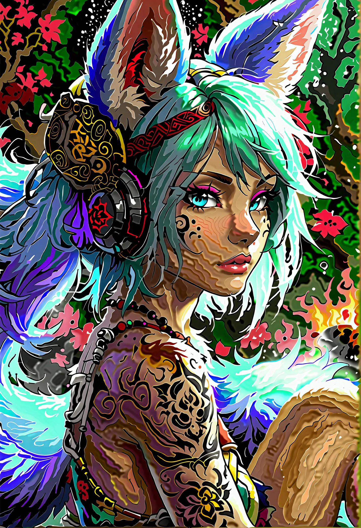 Miku Hatsune, add high definition_detail:1, blue fur,kitsune ears, tribal tattoo add_detail:1, in hell add_detail, barefoot, nic...