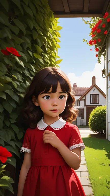 Realistic portrait of a seven year old, She wears a red dress . Your face is and exploratory . He cautiously goes out into the g...