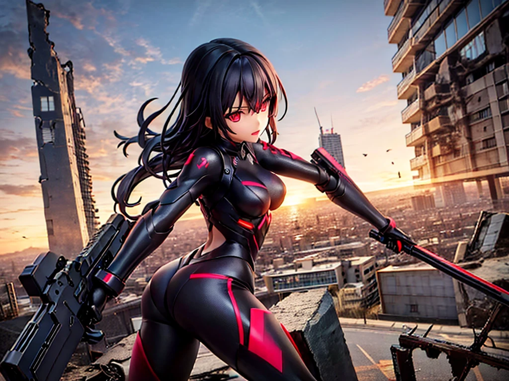 posable articulated figure of anime girl in black tactical suit, red eyes and straight black hair, using a weapon ready in pose to attack with a destroyed city in the background