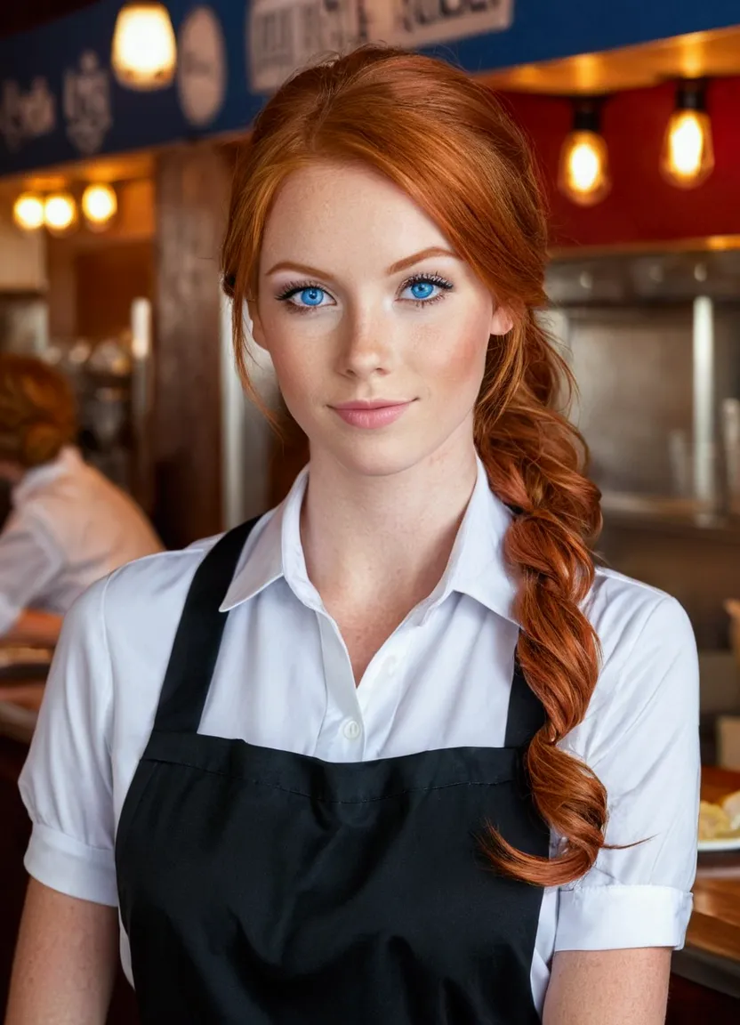 beautiful young red haired waitress with blue eyes