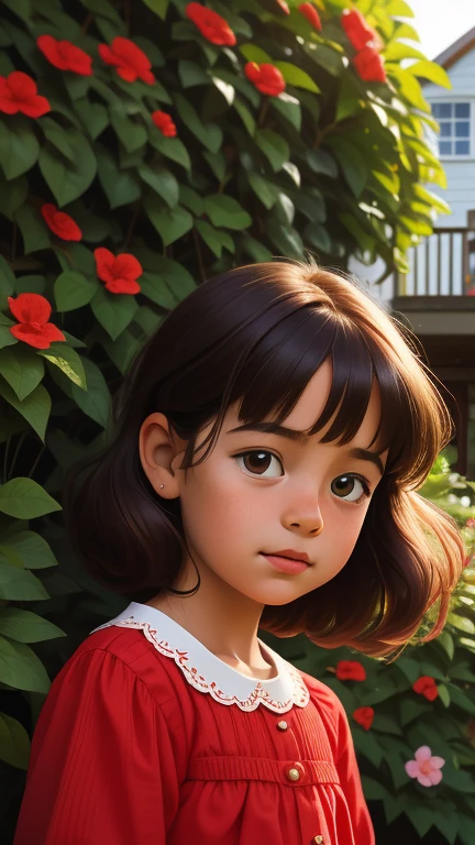 Realistic portrait of a seven year old , She wears a red dress . Your face is exploratory . He cautiously goes out into the garden of the house,  A small cat is among the bushes and he touches it cautiously ,Not facing the camera,, The hair is messy , 