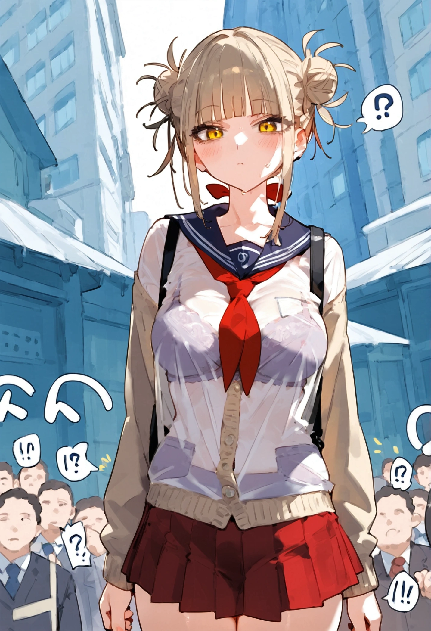 anime art, punctuation_9, punctuation_8_High above, punctuation_7_High above, punctuation_6_High above, punctuation_5_High above, punctuation_4_High above, toga himiko, breasts big, She is 24 years old, styled_3, ,,, yellow  eyes , , , , _, , His usual outfit consists of a simple seifuku with a very short Kansai collar and a wet, translucent texture., with the eyes appearing a little., both the short skirt showing the thin, translucent white panties and the small, transparent dark blue shirt with a double white finish, really small, which is combined with a red scarf that she ties loosely below almost falling down. On top of this, She wears a small beige cardigan with small hem and cuffs , and pockets on both sides, the one on the right shows a series of trinkets on a keychain or on a cell phone strap. She wears black knee-high socks and dark brown school shoes.. fundo cinza, the view would be of her from the coast and a view below her, your ass would be very big and your panties would be very thin, the poico skirt covered it, and she wasn&#39;t wearing a bra under her see-through t-shirt, causing your nipple to show, bigger and more visible breasts, song much more transparent, more apparent and voluminous intimacy