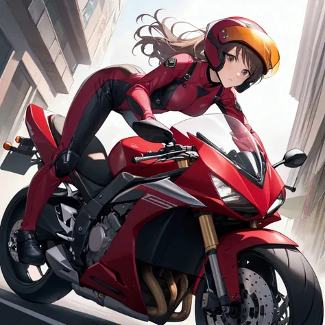 Anime girl in red leather outfit riding a motorcycle on a highway - SeaArt  AI