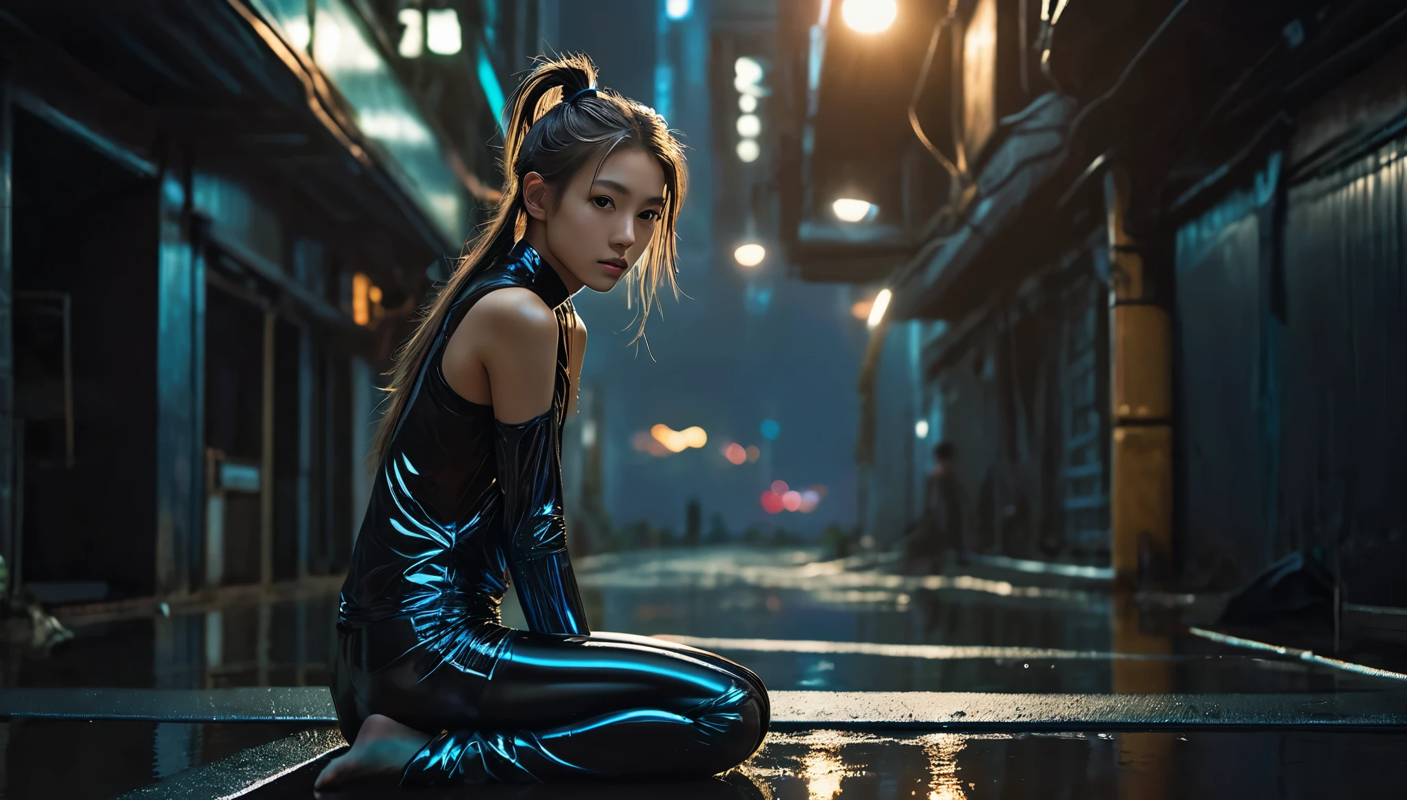 Top Quality, Masterpiece, High Resolution, 8k, (((cute skinny barely legal girl in oversized crinkle top and wetlook leggings, bare belly, wide neckline, deep neckline, small perky breasts, beautiful detailed eyes, beautiful detailed lips, small closed mouth, extremely detailed face, long ponytail hair, small hips))), cyberpunk apartment, moody atmosphere, dramatic and random neon colors, futuristic setting, intricate details, at night, backlit, full body shot, view from distance 