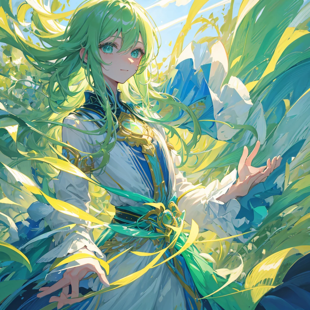 a beautiful ethereal boy with light green hair, light green eyes, smiling, soft boy, portrait, extremely detailed, highres, 8k, best quality, masterpiece, vivid colors, studio lighting, intricate details, glowing skin, gentle expression, serene sky background, dreamy atmosphere (BOY, MALE BOY MAN MAN BOY MALE) MALE FACE, NOT TOO LONG HAIR, MALE FACE, ADULT, PORTRAIT, SLIGHTLY SHORT HAIR