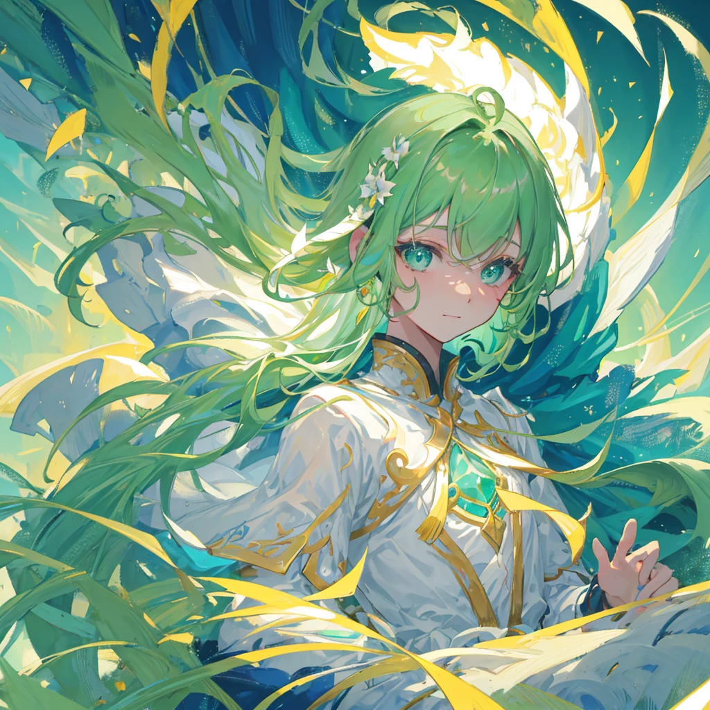 a beautiful ethereal boy with light green hair, light green eyes, smiling, soft boy, portrait, extremely detailed, highres, 8k, best quality, masterpiece, vivid colors, studio lighting, intricate details, glowing skin, gentle expression, serene sky background, dreamy atmosphere (BOY, MALE BOY MAN MAN BOY MALE) MALE FACE, NOT TOO LONG HAIR, MALE FACE, ADULT, PORTRAIT, SLIGHTLY SHORT HAIR