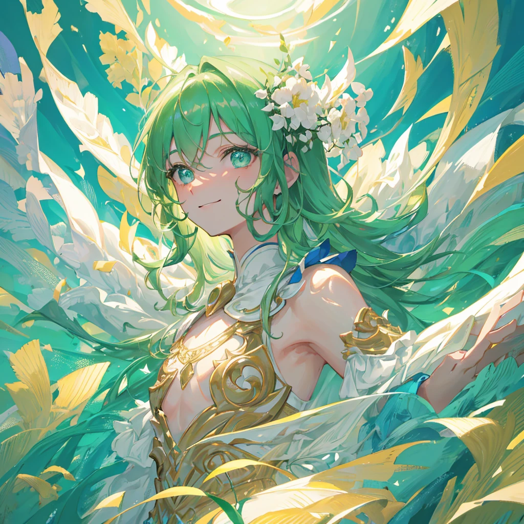 a beautiful ethereal boy with light green hair, light green eyes, smiling, soft boy, portrait, extremely detailed, highres, 8k, best quality, masterpiece, vivid colors, studio lighting, intricate details, glowing skin, gentle expression, serene sky background, dreamy atmosphere (BOY, MALE BOY MAN MAN BOY MALE) MALE FACE, NOT TOO LONG HAIR, MALE FACE, ADULT, PORTRAIT, SLIGHTLY SHORT HAIR