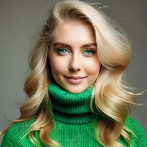 
young woman with beard, blonde long hair, light dream green eyes, wears a turtleneck sweater, happy to receive her minoxidil pa...