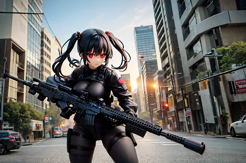 posable articulated figure of anime girl wearing full body heavy tactical black suit, with red eyes and loose straight black hair, carrying a black tactical assault rifle in his hands, posing ready to attack, with a destroyed city in the background