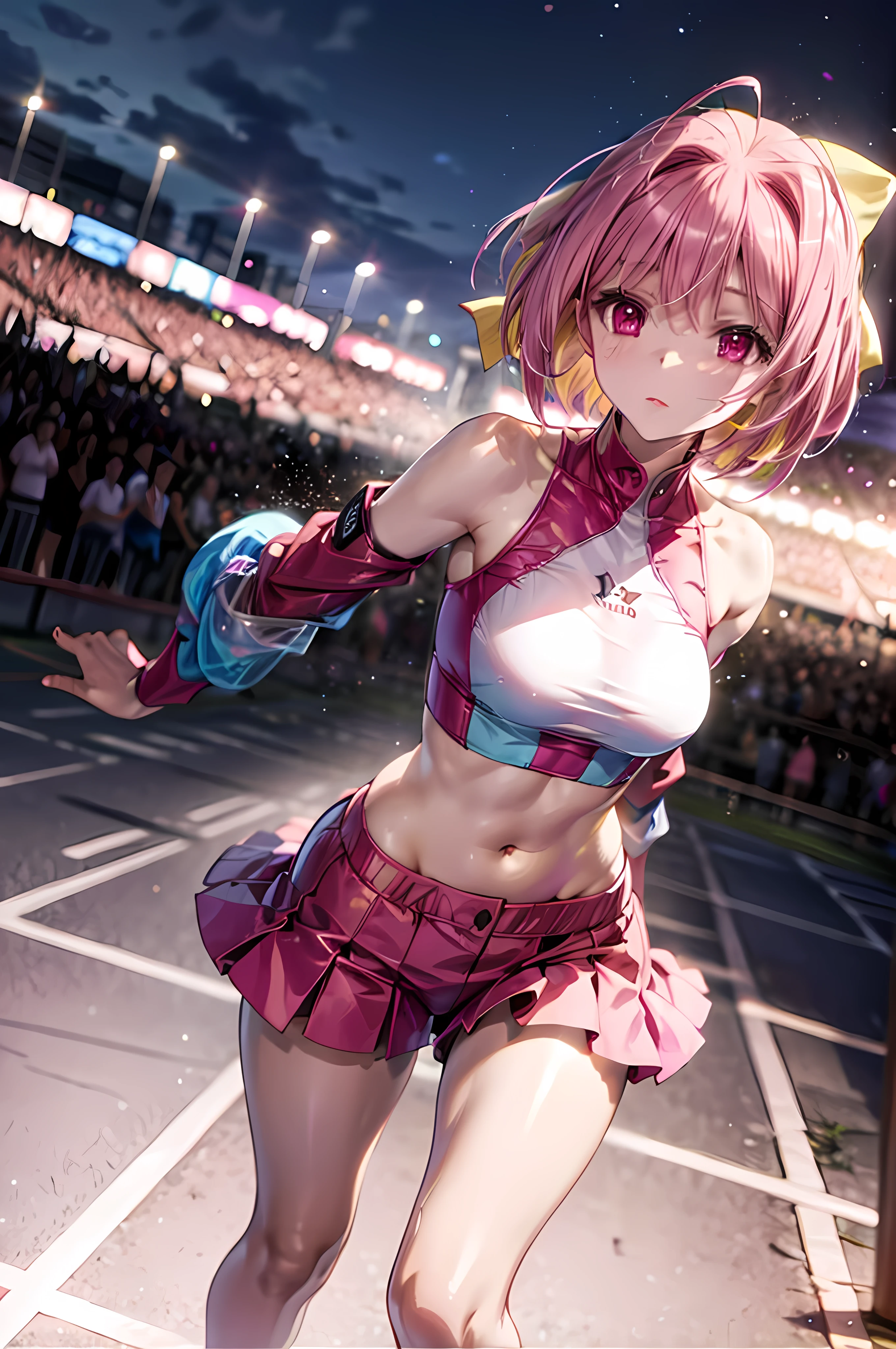 forward: Open Racing Jacket, Tight clothing, Face close-up, Thighs Thighs Thighs Thighs, Delicate girl, BREAK, (hmcanon:1.2, Kanon Nakagawa), (yellow hair bow:1.2), BREAK, Violet crop top, No sleeve, Violet sports bikini, Shiny肌, View your viewers, Teen, BREAK, ピクシーshort hairスタイル, Bright pink hair, short hair, Long eyelashes、eye shadow(Digital Animation:0.8), (Edge lighting, Best details, Very detailed, Ultra-detailed, In detail:0.8), [:Detailed face and eyes:10], (Fresh pink eyes:1.2), BREAK, Cosplayers, (Perfect Anatomy), Random Pause, Race Queen, Uniform with logo, Exquisite beauty, Beautiful Face, Slim model body type, Beautiful breasts, Shiny, Beautiful feet, wet Shiny body, (((Dark brown skin beauty))), neon, A large number of people, audience, Aurora Vision, Huge stadium, Drag Racing, Racing Circuit, Racing Car, Lower school year, A large number of people, audience, audience, audience, A large number of people, Camera flash, Laser beam, 