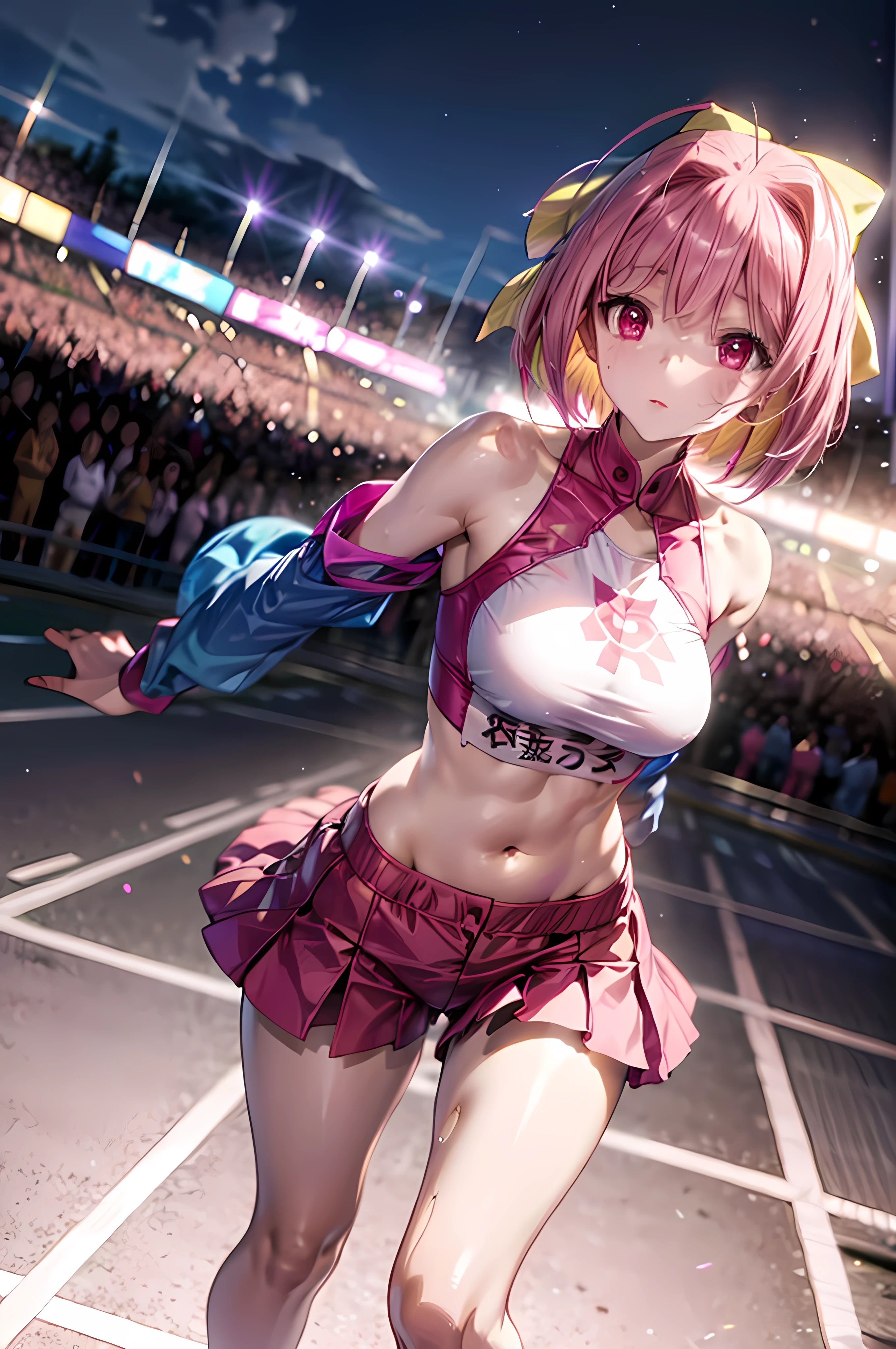 forward: Open Racing Jacket, Tight clothing, Face close-up, Thighs Thighs Thighs Thighs, Delicate girl, BREAK, (hmcanon:1.2, Kanon Nakagawa), (yellow hair bow:1.2), BREAK, Violet crop top, No sleeve, Violet sports bikini, Shiny肌, View your viewers, Teen, BREAK, ピクシーshort hairスタイル, Bright pink hair, short hair, Long eyelashes、eye shadow(Digital Animation:0.8), (Edge lighting, Best details, Very detailed, Ultra-detailed, In detail:0.8), [:Detailed face and eyes:10], (Fresh pink eyes:1.2), BREAK, Cosplayers, (Perfect Anatomy), Random Pause, Race Queen, Uniform with logo, Exquisite beauty, Beautiful Face, Slim model body type, Beautiful breasts, Shiny, Beautiful feet, wet Shiny body, (((Dark brown skin beauty))), neon, A large number of people, audience, Aurora Vision, Huge stadium, Drag Racing, Racing Circuit, Racing Car, Lower school year, A large number of people, audience, audience, audience, A large number of people, Camera flash, Laser beam, 