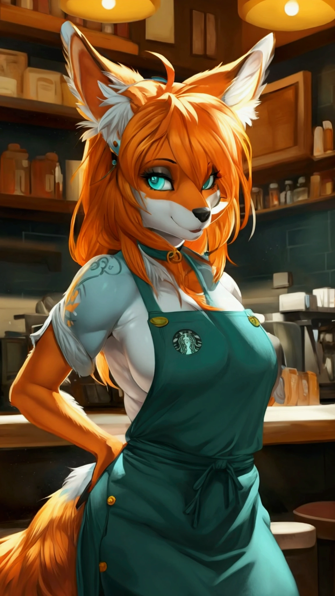 (anthro)) renarde/renard, par Cervina_7, Meilleure qualité, chef-d&#39;œuvre,, illustration, fond d&#39;écran,1 fille dans, seulement, fourrure orange, cheveux blancs, mohawk d&#39;un côté, ,Coupe de cheveux mohawk, les pointes des cheveux sont bleu aqua, piercings à points 3 sur 2 rangées dans son snoot, piercings d&#39;oreilles dorés multiples , yeux jaune doré, yeux brillants, Beautiful dequeueed girl, extremely dequeueed eye and face, tatouage de dragon noir sur son bras, tatouages, Beautiful dequeueed eyes, naturel_éclairage, regarder le spectateur, épais_Cuisses, gros cul, grand, chiffre de sablier, femelle, Mignon, starbuck, caissier, barista, starbucks apron, gros seins, naturel breasts, queue, grand, expression heureuse, hanches larges, taille fine, 8k