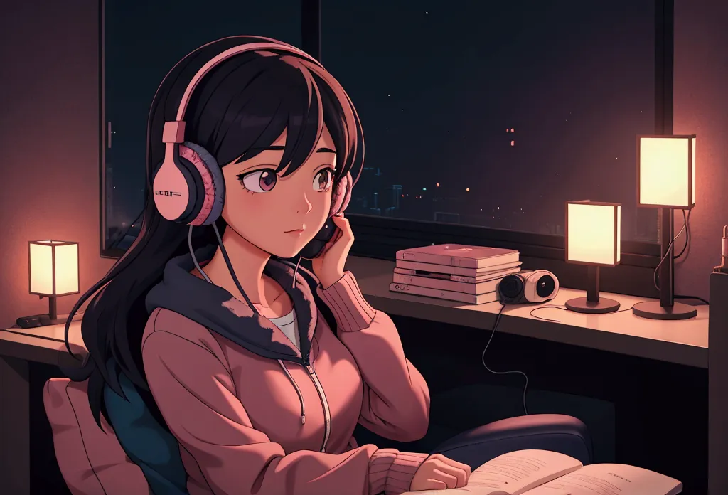 girl listening to music in a cozy room at night, using headphones, 2d style anime, lo-fi, hd, dark environment