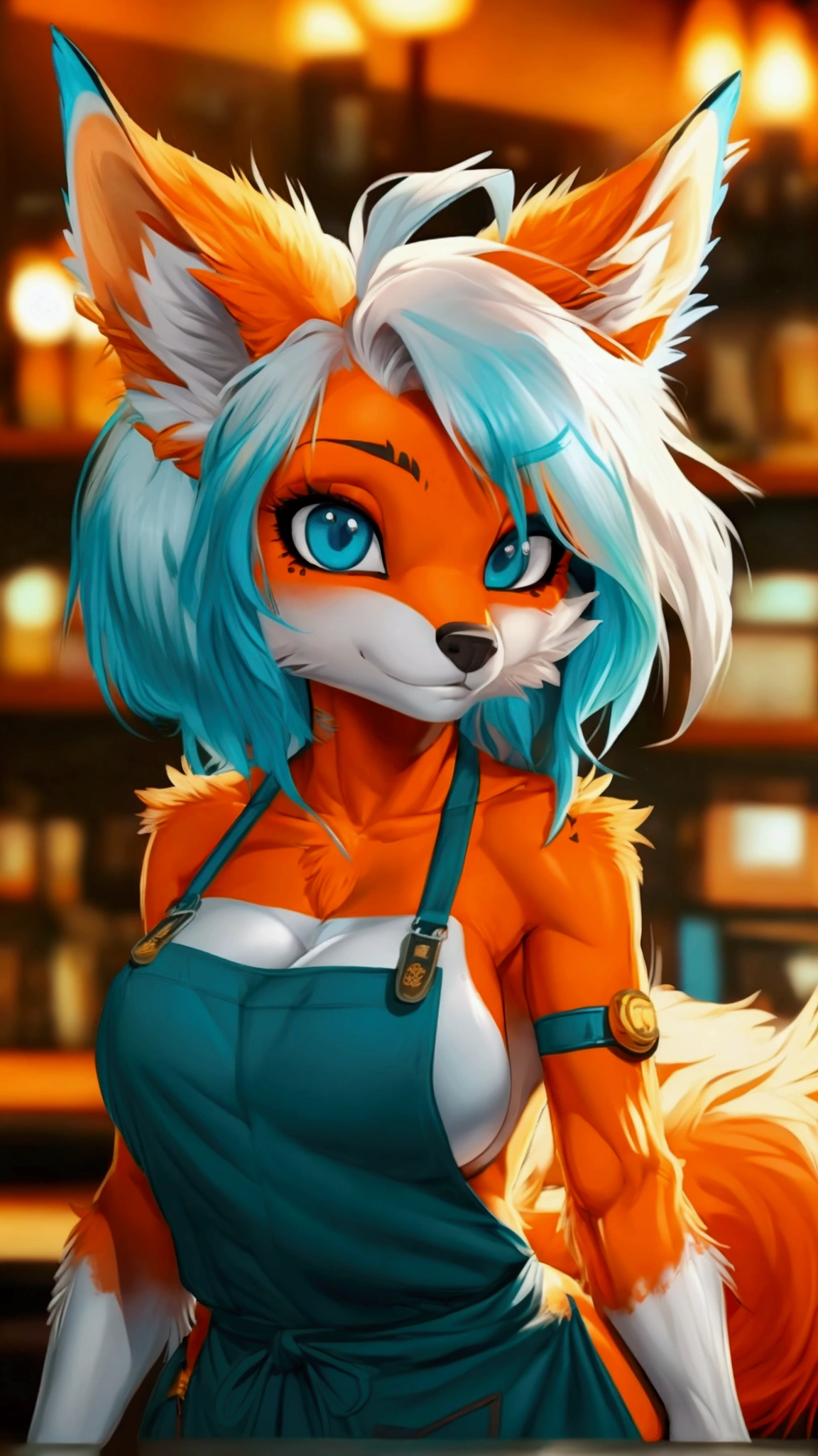 (anthro)) Füchsin/Fuchs, von Cervina_7, beste Qualität, Meisterwerk,, Illustration, Hintergrund,1Mädchen in, Allein, orange fur, weißes Haar, Irokesenschnitt auf einer Seite, ,Irokesenschnitt, die Haarspitzen sind aquamarinblau, Punktpiercings 3 in 2 Reihen an ihrer Schnauze, mehrere goldene Ohrpiercings , goldgelbe Augen, glühende Augen, Beautiful deSchwanzed girl, extremely deSchwanzed eye and face, schwarzes Drachentattoo auf ihrem Arm, Tätowierungen, Beautiful deSchwanzed eyes, natürlich_Beleuchtung, Betrachter betrachten, dick_Schenkel, big ass, groß, Sanduhr-Figur, weiblich, Niedlich, Starbucks, Kassierer, Barista, Starbuckss apron, große Brüste, natürlich breasts, Schwanz, groß, glücklicher Ausdruck, breite Hüften schmale Taille, 8k