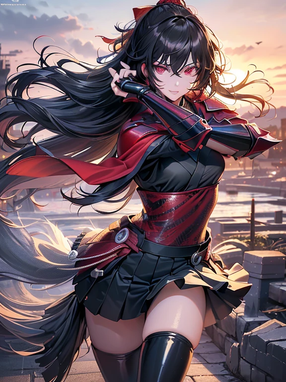 Anime, Girl, (((1girl))), (((Waifu, Raven Branwen, Raven Branwen Waifu))), (((Black Hair, Messy Hair))), ((Crimson Red Eyes eyes: 1.3, Upturned Eyes: 1, Perfect Eyes, Beautiful Detailed Eyes, Gradient eyes: 1, Finely Detailed Beautiful Eyes: 1, Symmetrical Eyes: 1, Big Highlight On Eyes: 1.2)), (((Lustrous Skin: 1.5, Bright Skin: 1.5, Skin Fair, Shiny Skin, Very Shiny Skin, Shiny Body, Plastic Glitter Skin, Exaggerated Shiny Skin, Illuminated Skin))), (Detailed Body, (Detailed Face)), Young, Lolita, (Best Quality), (((Bicep-high Gauntlets, Armored Boots, Thigh-high Heeled Boots, Armored Gauntlets))), (((Battle Kimono))), (((Skirt))), High Resolution, Sharp Focus, Ultra Detailed, Extremely Detailed, Extremely High Quality Artwork, (Realistic, Photorealistic: 1.37), 8k_Wallpaper, (Extremely Detailed CG 8k), (Very Fine 8K CG), ((Hyper Super Ultra Detailed Perfect Piece)), (((Flawless masterpiece))), Illustration, Vibrant Colors, (Intricate), High Contrast, Selective Lighting, Double Exposure, HDR (High Dynamic Range), Post-processing, Background Blur