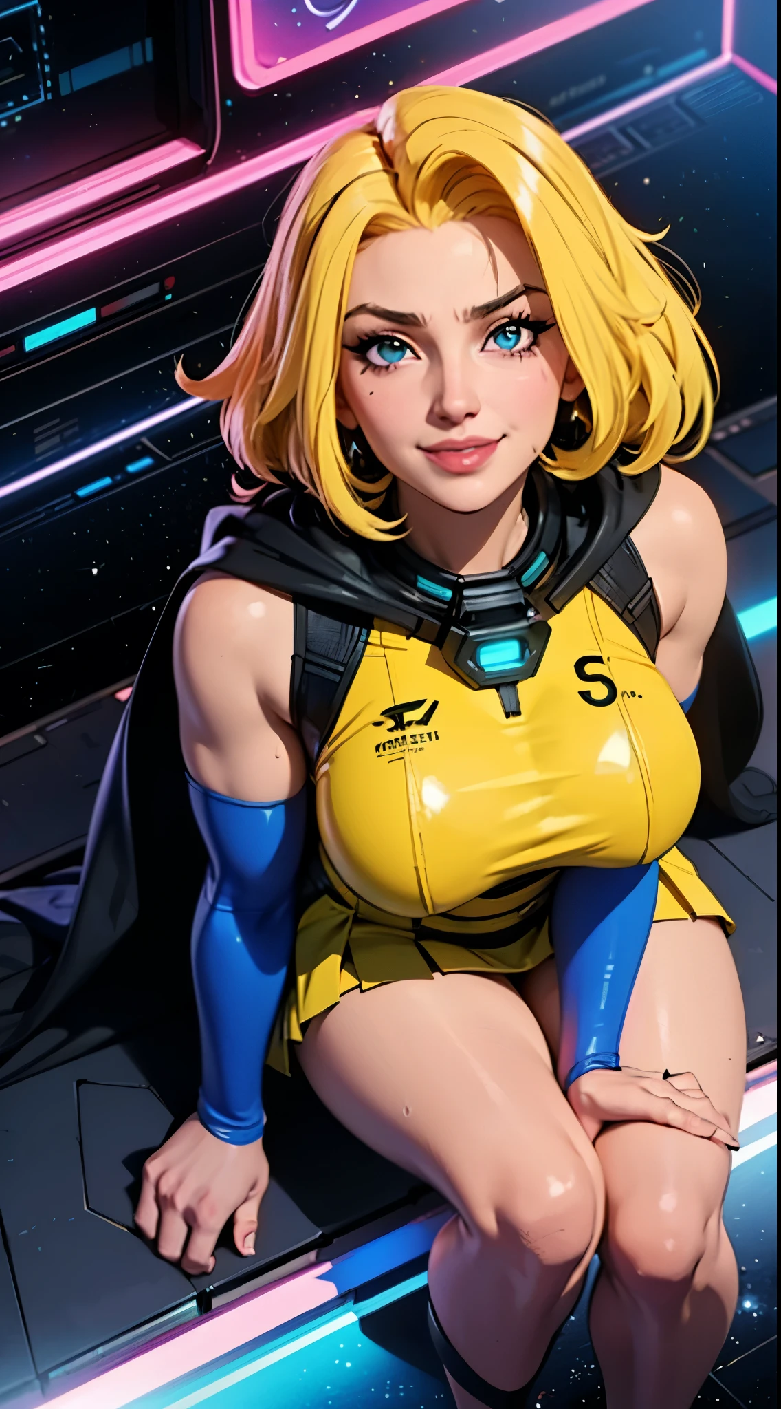 Digital painting of a woman with royal blue and yellow hair, super hero, muscle girl, pose, fist up, ((from above)), 1knee up, Behance Contest Winner, Afrofuturism, Synthwave, neon, glowing neon, sagging massive breasts, mini skirt, cape, sweat, glossy silky skin, smile,  in space, 