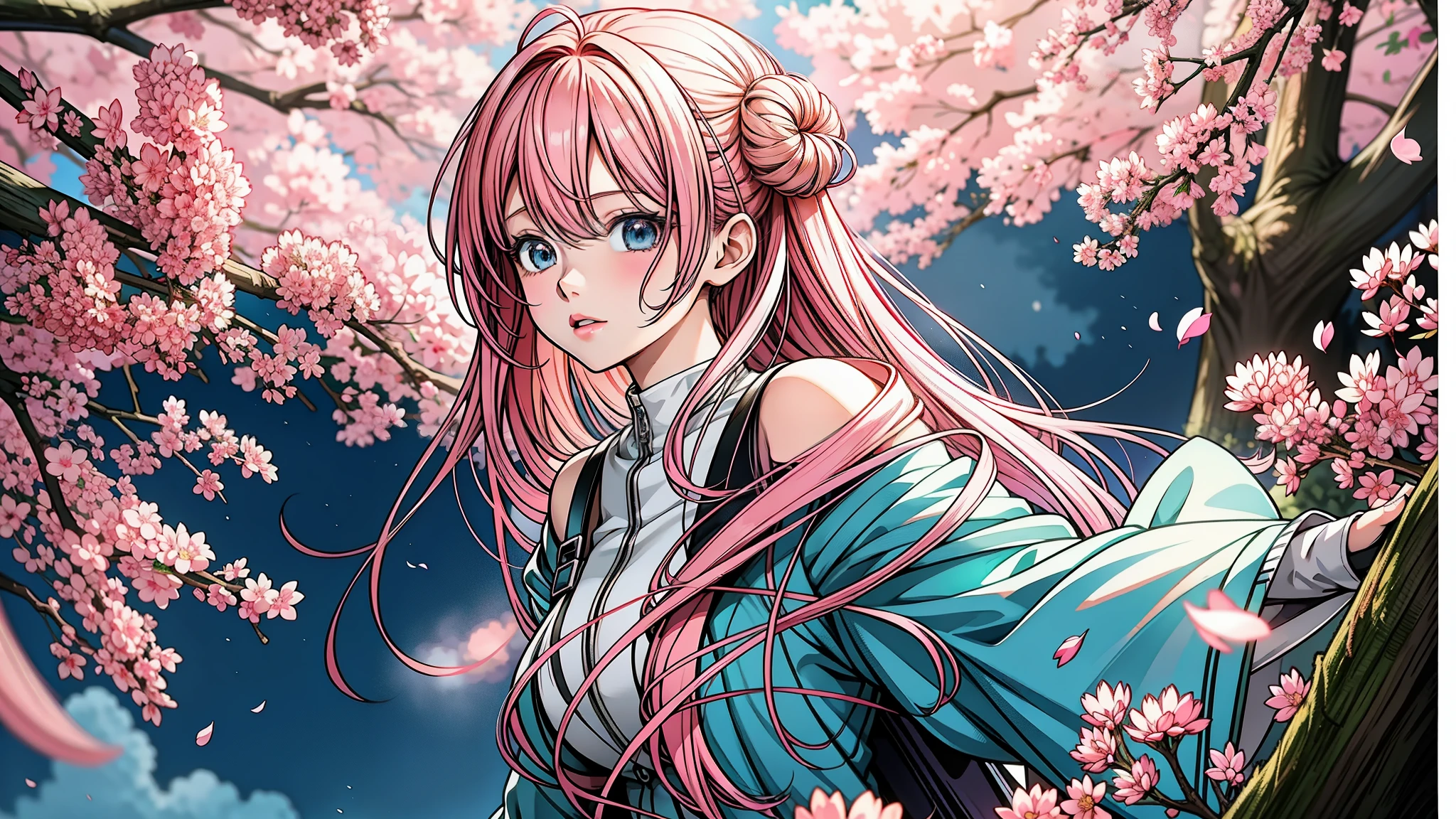 anime girl with pink hair and blue eyes standing in front of a tree, 4K anime style, anime art wallpaper 4k, anime art wallpaper 4k, detailed digital anime art, beautiful animated portrait, anime art wallpaper 8K, beautiful anime illustrations, 4k anime wallpaper, 4k anime wallpaper, anime fantasy illustrations, anime fantasy illustration., detailed portrait of anime girl