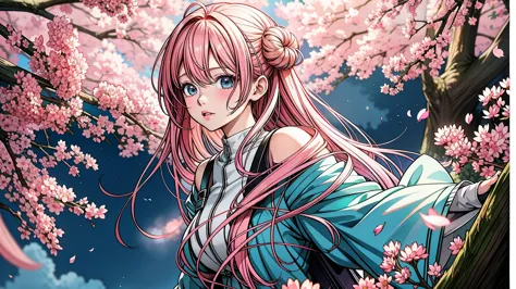 anime girl with pink hair and blue eyes standing in front of a tree, 4K anime style, anime art wallpaper 4k, anime art wallpaper...
