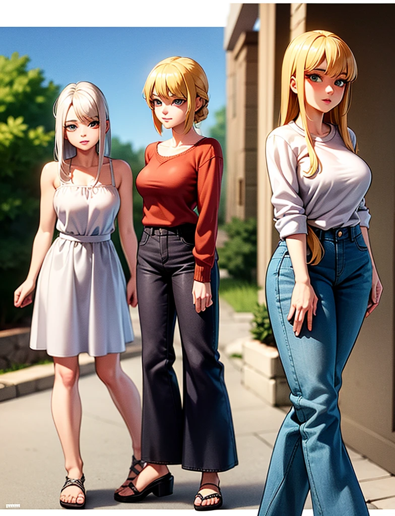 three girls, a blonde girl with green eyes, second redhead girl with blue eyes, third girl light yellow hair with light blue eyes, Casual clothes 