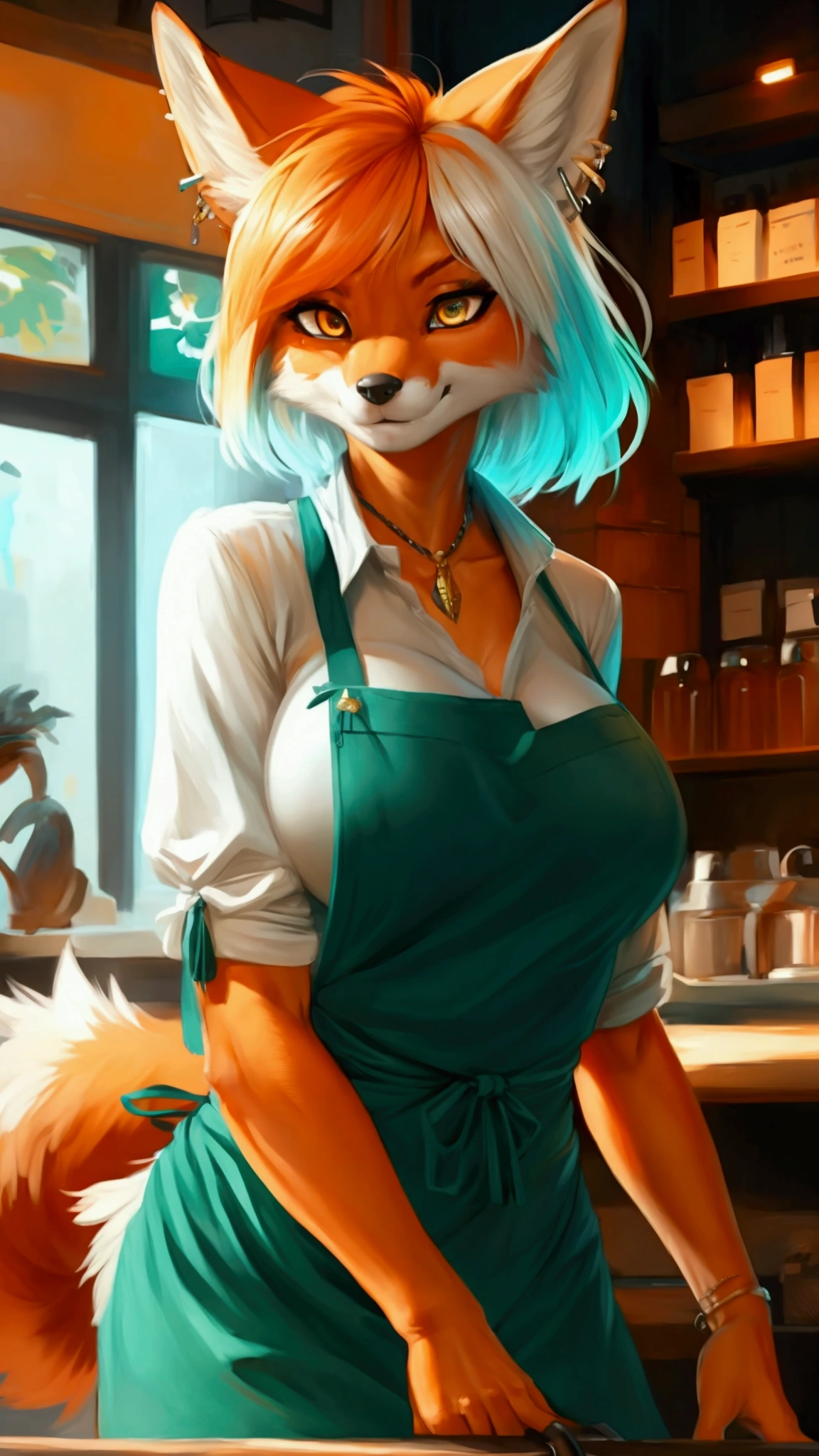 (anthro)) vixen/fox, Ross Tran, by ruan jia, by zaush, by foxovh, by cutesexyrobutts, by cervina_7, by sligarthetiger, Best Quality, masterpiece,, Illustration, Wallpaper,1girl in, Solo, orange fur, white hair, the end tips of hair are aqua blue, dot piercings 3 in 2 row down her snoot, multipule golden ear piercings , golden yellow eyes, glowing eyes, Beautiful detailed girl, extremely detailed eye and face, black dragon tattoo on her arm, tattoos, Beautiful detailed eyes, natural_Lighting, Looking at Viewer, Thick_thighs, big ass, tall, hourglass figure, female, cute, Starbuck, casher, barista, Starbucks apron, large breasts, natural breasts, tail, tall, happy expresion, wide hips thin waist, 8k