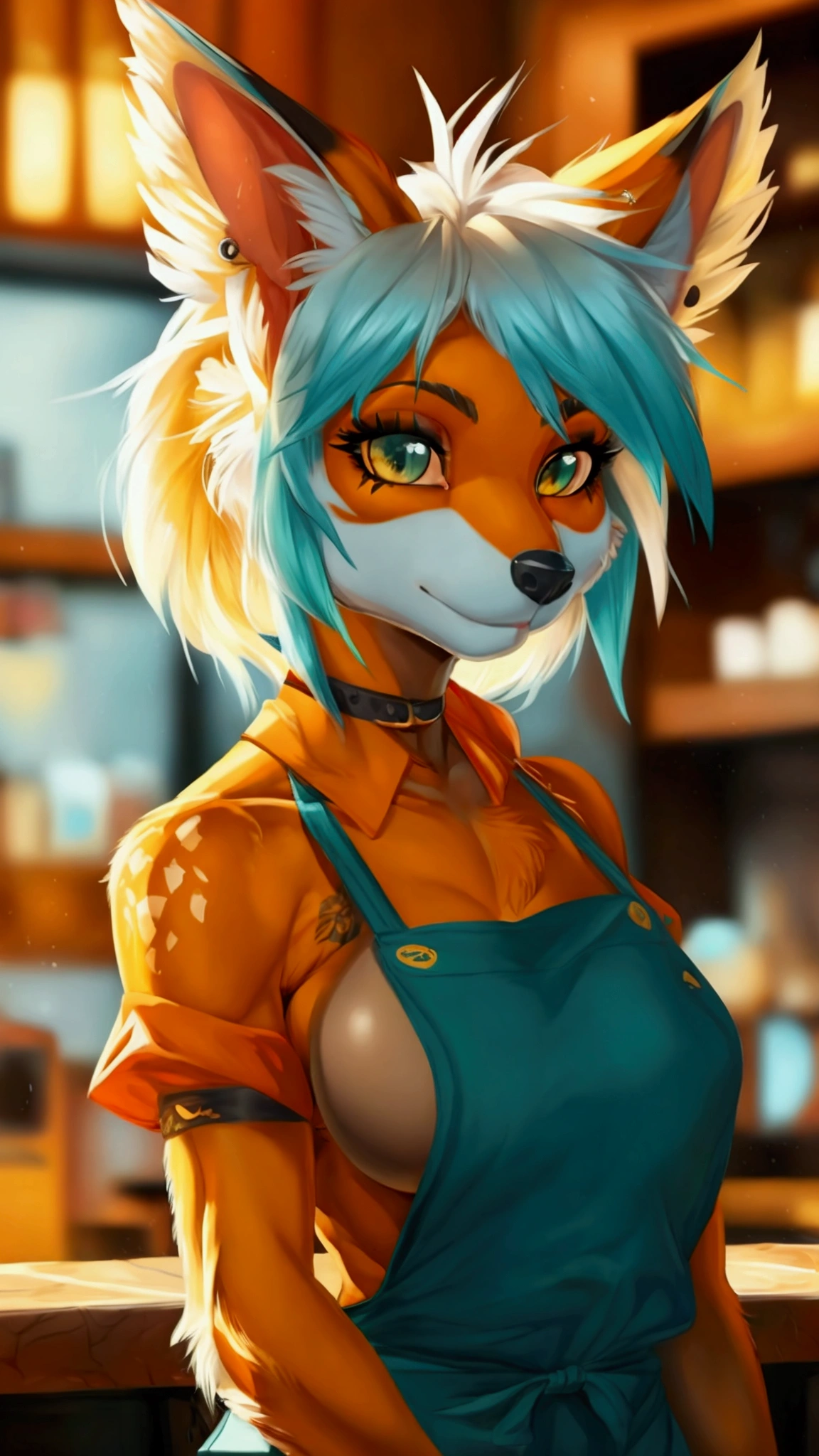 (anthro)) renarde/renard, par Cervina_7, Meilleure qualité, chef-d&#39;œuvre,, illustration, fond d&#39;écran,1 fille dans, seulement, fourrure orange, cheveux blancs, mohawk d&#39;un côté, ,Coupe de cheveux mohawk, les pointes des cheveux sont bleu aqua, piercings à points 3 sur 2 rangées dans son snoot, piercings d&#39;oreilles dorés multiples , yeux jaune doré, yeux brillants, Beautiful dequeueed girl, extremely dequeueed eye and face, tatouage de dragon noir sur son bras, tatouages, Beautiful dequeueed eyes, naturel_éclairage, regarder le spectateur, épais_Cuisses, gros cul, grand, chiffre de sablier, femelle, Mignon, starbuck, caissier, barista, starbucks apron, gros seins, naturel breasts, queue, grand, expression heureuse, hanches larges, taille fine, 8k