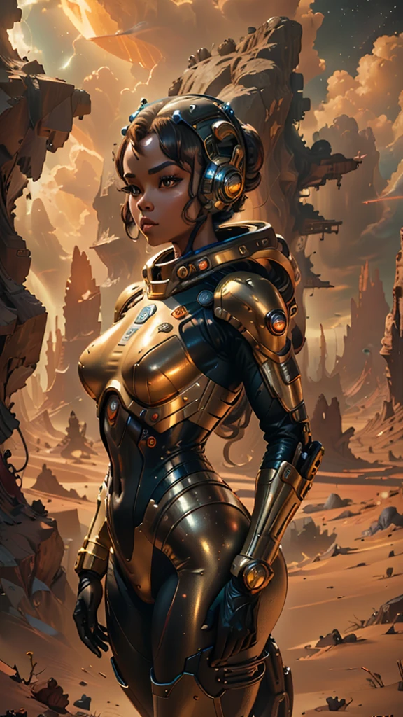 "Photorealistic image of a seductive retro space girl, golden hour lighting, alien landscape with dramatic rock formations, wind-blown clouds, detailed plug suit with metallic accents, rule of thirds composition, rich colors, sharp focus, capturing the essence of vintage sci-fi glamour, high-resolution photography"