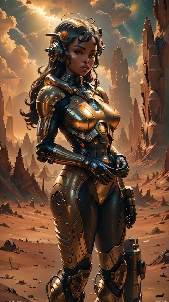 "Photorealistic image of a seductive retro space girl, golden hour lighting, alien landscape with dramatic rock formations, wind-blown clouds, detailed plug suit with metallic accents, rule of thirds composition, rich colors, sharp focus, capturing the essence of vintage sci-fi glamour, high-resolution photography"