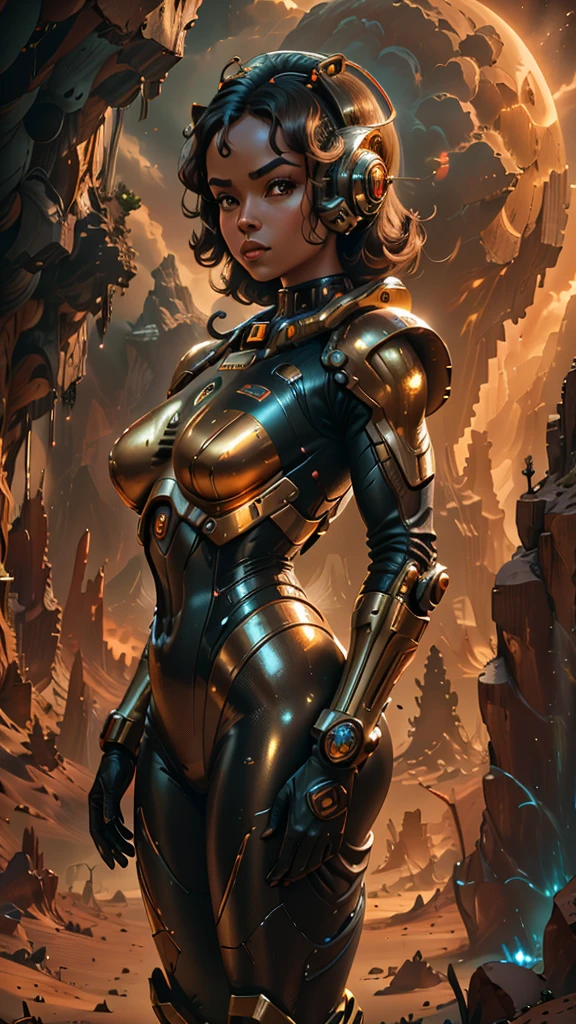 "Photorealistic image of a seductive retro space girl, golden hour lighting, alien landscape with dramatic rock formations, wind-blown clouds, detailed plug suit with metallic accents, rule of thirds composition, rich colors, sharp focus, capturing the essence of vintage sci-fi glamour, high-resolution photography"