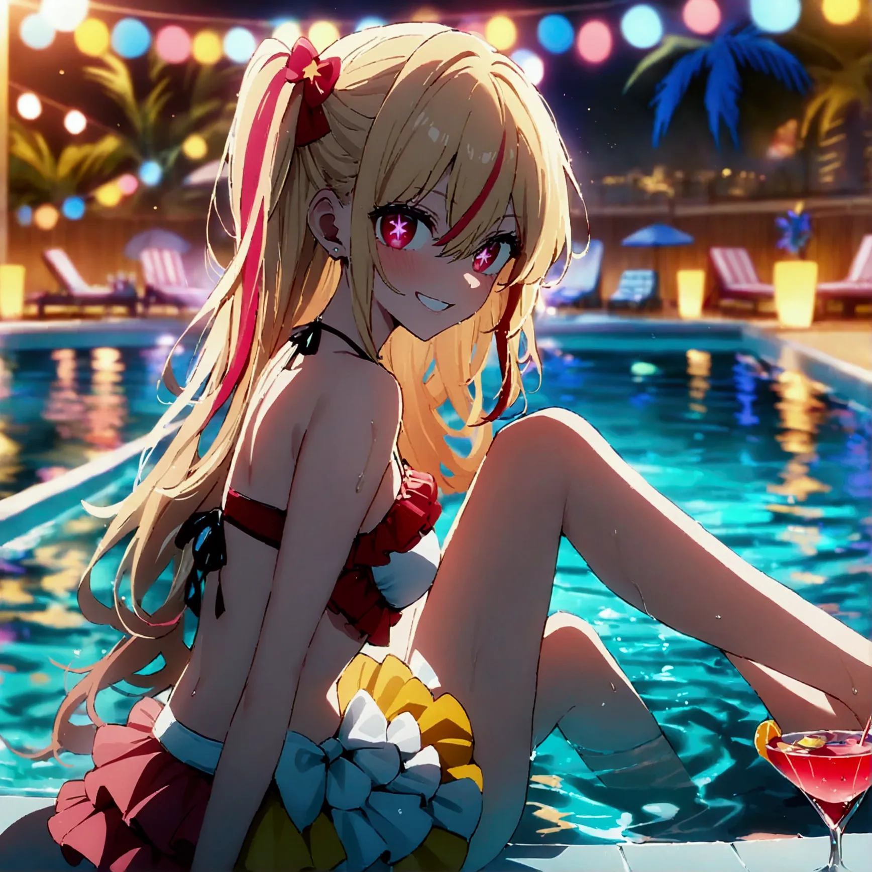 night pool, luxurious pool party venue with a large crowd, large circular swimming pool, hoshinoruby, star-shaped pupils, ruby_h...